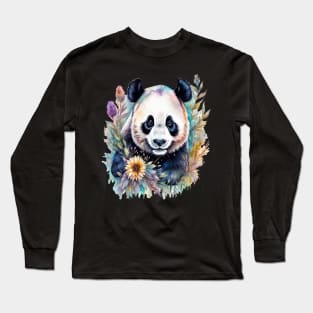 Fantasy, Watercolor, Panda Bear With Flowers and Butterflies Long Sleeve T-Shirt